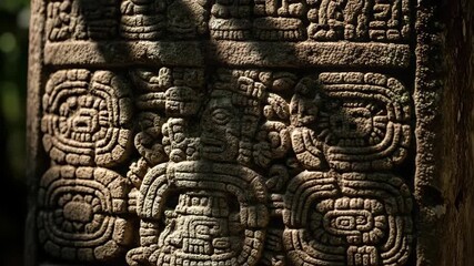 Ancient mayan glyphs in sunlight: intricate stone art with dynamic shadow play - Powered by Adobe