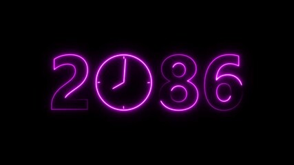 2086 digital text celebration and Calendar neon bright magenta color animation. Clock icon timer concept on black background.