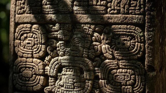 Ancient mayan glyphs in sunlight: intricate stone art with dynamic shadow play