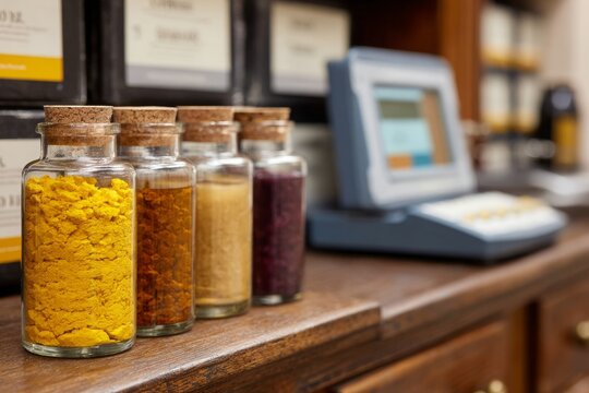 Colorful spice jars on a wooden shelf in a kitchen setting.