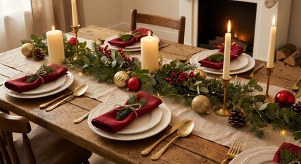 Cozy Christmas Dinner Table Setting with Candles and Decorations
