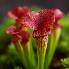 Close-up of vibrant red pitcher plants in natural habitat.