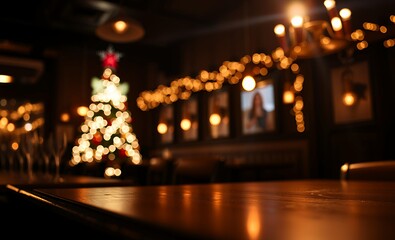 Blur bokeh reflection light on table in pub or bar club and restaurant christmas party and celebrate at dark night for display product in brown tone background christmas background christmas holiday b