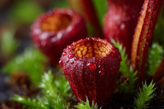 Close-up of red pitcher plant with water droplets