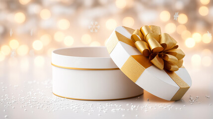 Elegant round gift box with golden ribbon sitting open amid soft glowing lights conveys a festive concept of joyful anticipation and seasonal holiday surprise