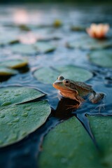 Frog resting on a lily pad in a tranquil pond at sunset.