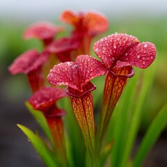 Red pitcher plants with droplets in a lush garden setting.