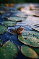 Frog resting on lily pads in a serene pond during sunrise.