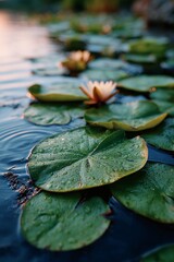 Water lilies and lily pads in a serene pond at sunrise.