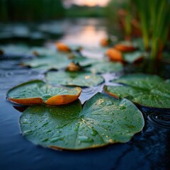 Lily pads floating on a serene pond during a calm evening.