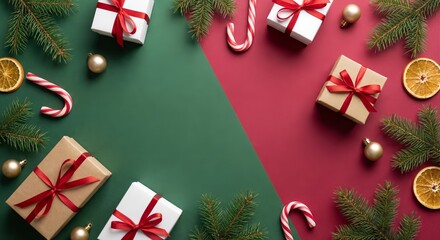 Minimalist Christmas Flat Lay with Green and Red Background