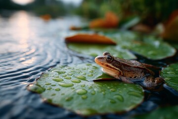 Frog resting on a lily pad in a tranquil pond setting.