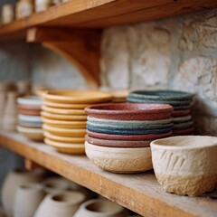 Stacked colorful pottery on wooden shelves in rustic setting.