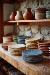 Stacked pottery and ceramics on rustic wooden shelves.