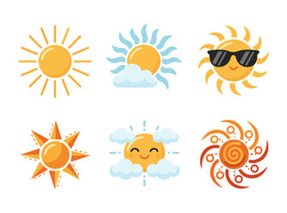 Obraz premium Cute cartoon sun emoji icons set, weather forecast symbols