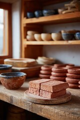 Cozy pottery workshop with clay bowls and decorative items.
