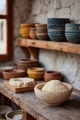 Rustic wooden shelves with pottery bowls and clay