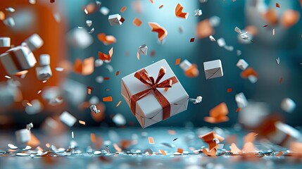 A white gift box with a red ribbon falls amidst a shower of orange and silver confetti and small gift boxes, creating a festive and celebratory atmosphere.
