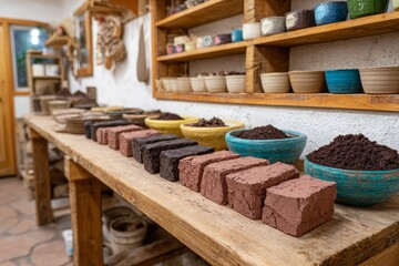 Clay bricks and pottery in a rustic workshop setting.