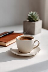 Cup of coffee and succulent on desk with notebook and pen.
