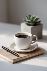 Steaming coffee cup with notebook and succulent on a sunlit table.