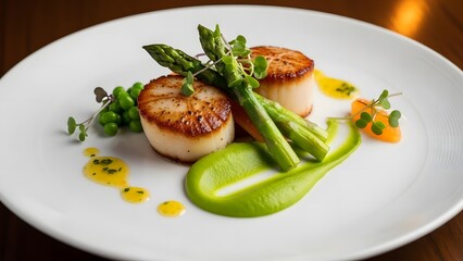 Gourmet Seared Scallops Plated with Asparagus, Green Pea Puree, Microgreens, and Citrus Sauce on a Fine White Plate, Highlighting Fine Dining and Healthy Cuisine