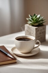 A cup of steaming coffee on a table with a notebook and succulent.