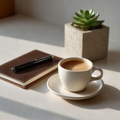 Cup of coffee, notebook, and succulent on sunny table