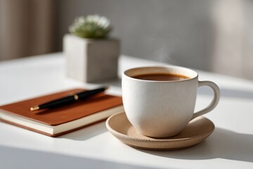 Coffee cup on a desk with a notebook and pen.