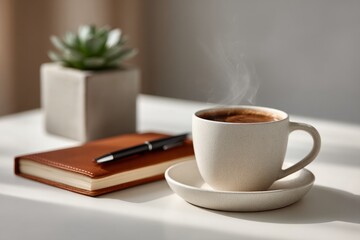 Steaming coffee cup with notebook and pen on a modern desk.