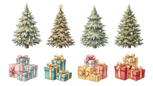 Watercolor christmas trees adorned with lights and baubles alongside assorted gift boxes for festive holiday season designs and greetings
