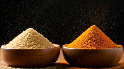 Vibrant orange spice and beige powder mounded in wooden bowls, set against a dark, moody background.