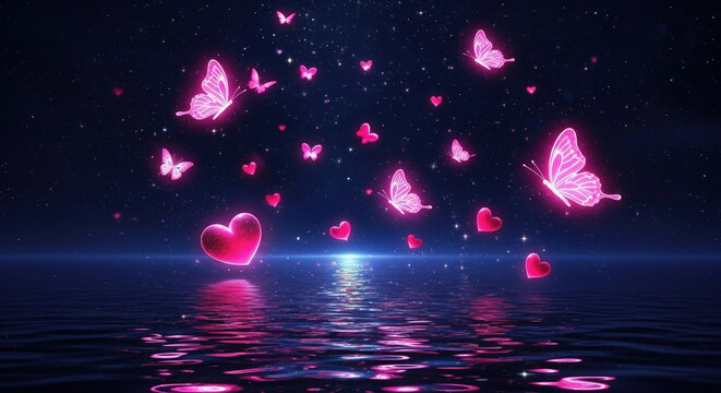 Pink Butterflies and Hearts Floating Over Water Under Starry Night Sky Creating Dreamlike Fantasy Scene Reflecting Love and Romance
