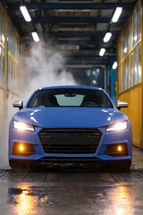 Blue sports car in a car wash with steam around.