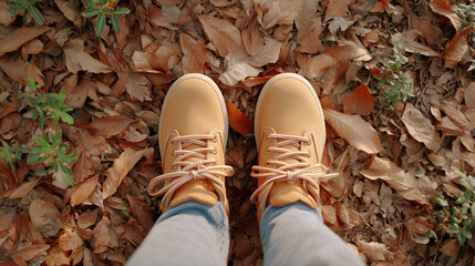 Top view of sturdy tan boots standing on dry autumn leaves
