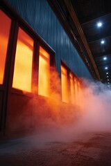 Industrial interior with glowing orange light and smoke