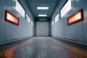 Industrial corridor with lights and windows, modern and symmetrical.