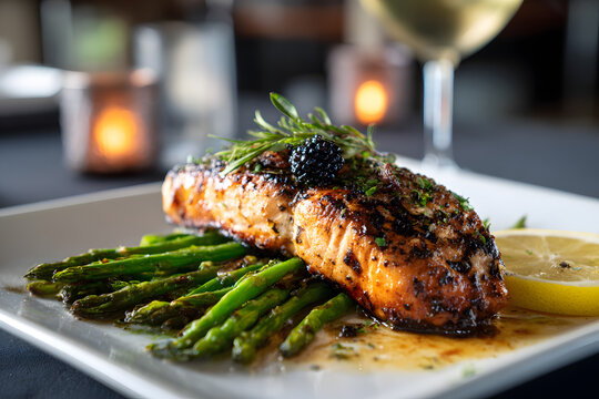Gegrillter Lachs mit Spargel und Zitronensauce im Gourmetrestaurant
