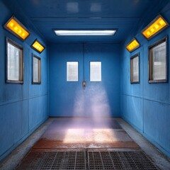 Industrial paint booth interior with blue walls.