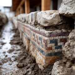 Close-up of an ancient mosaic wall with outdoor path.