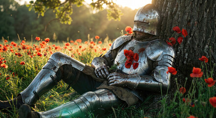 Medieval knight in silver armor resting and sleeping under a large tree in a poppy field during sunset, peaceful warrior concept, fantasy art