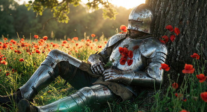 Medieval knight in silver armor resting and sleeping under a large tree in a poppy field during sunset, peaceful warrior concept, fantasy art