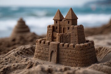 Sandcastle on the beach with ocean waves in the background
