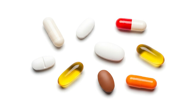 Assorted pills and capsules scattered on a white background medication medicine