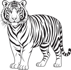  Majestic Stripes: An artistic monochrome portrayal of a regal tiger, its iconic stripes standing out in sharp contrast, highlighting the animal's powerful presence. 