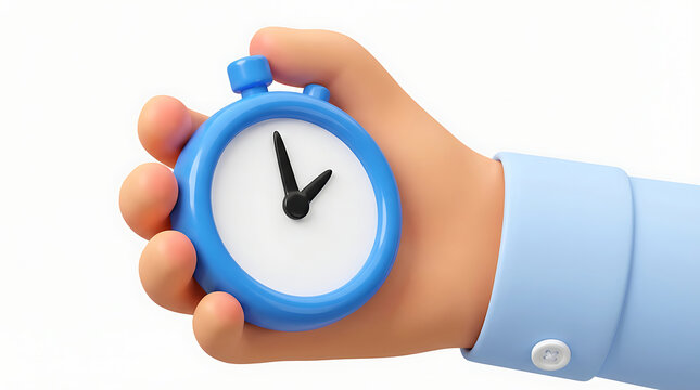 Cartoon hand holding blue stopwatch with white face and black hands clock time
