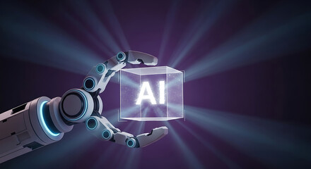 Robot hand holding glowing cube with A I text and light rays artificial intelligence