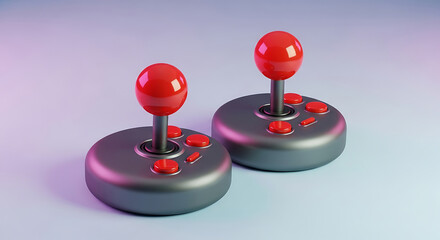 Two retro arcade joysticks with red buttons and spheres game controller