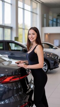 young Caucasian woman stands confidently beside sleek black car in bright dealership, expressing joyful satisfaction, automotive success, new beginnings, celebratory purchase, springtime festivity