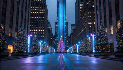 Festive urban promenade illuminated by colorful Christmas tree lights and holiday decorations leading to a giant tree at dusk